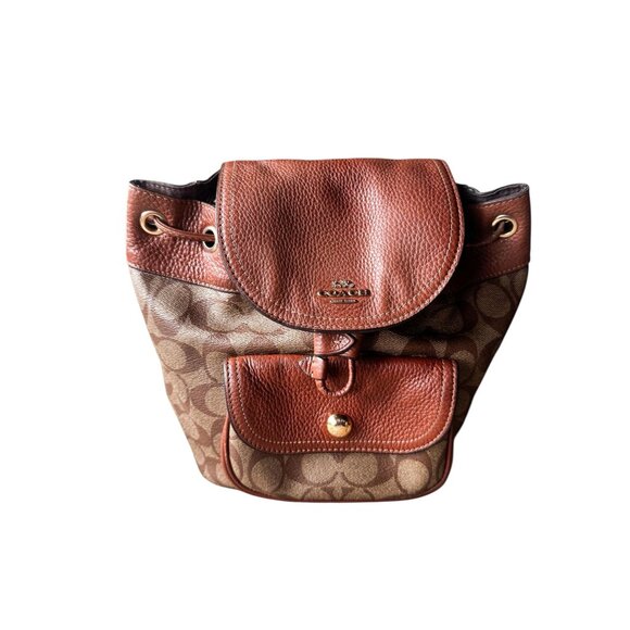 Coach C4120 Pennie Backpack Signature Canvas Brown Leather Drawstring Snap Close - Picture 1 of 16